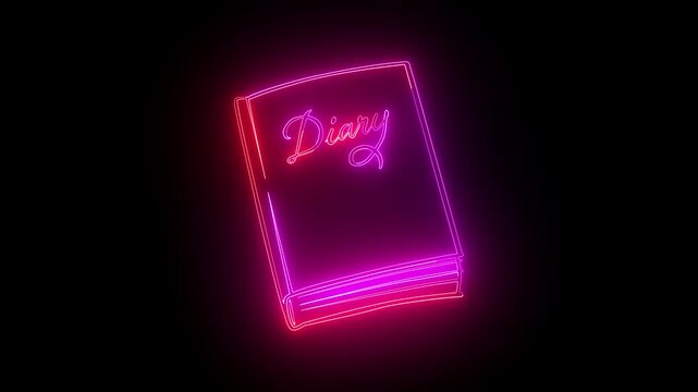 Neon diary book glowing pink and purple on black background