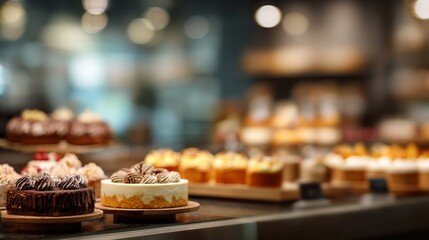 Naklejka premium Elegant Bakery Display Featuring Assorted Cakes and Pastries in a Cozy Atmosphere with Blurred Background Lights
