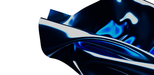 Abstract design features curved blue shapes with a shiny, reflective metallic texture. The shapes...