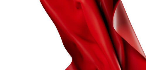 Abstract red fabric drapes against a white background, featuring elegant curves and a sense of...