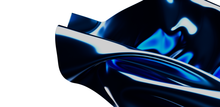 Abstract design features curved blue shapes with a shiny, reflective metallic texture. The shapes contrast against a clean white background.