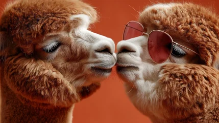 Acrylglasbilder Tierarzt Two adorable fluffy alpacas wearing sunglasses are gently touching noses in a warm and playful scene, radiating joy and cuteness. Their fluffy coats shine in the soft light of the day  © liliyabatyrova