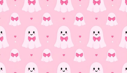 A repeating pink pattern of smiling, cartoon ghosts with pink bows and hearts on a light pink background. Stars are dotted around