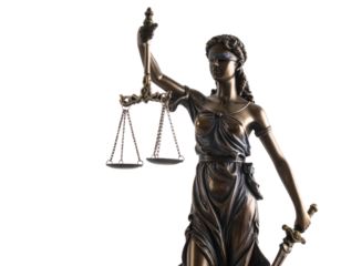 Classic Bronze Lady Justice with Sword and Scales Symbol of Law transparent background.