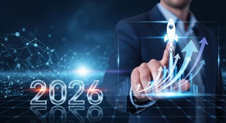 Business growth and innovation concept for 2026 with holographic rocket launch, upward arrows, and futuristic financial technology interface