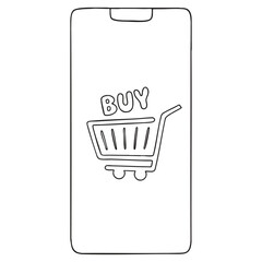 Outline Vector: Mobile Phone with Shopping Cart and Buy Text