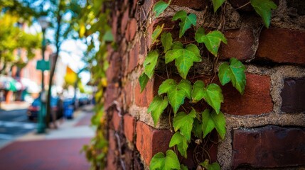 Obraz premium Green ivy climbing on red brick wall in urban setting