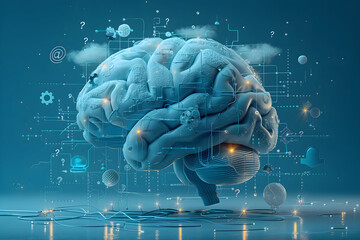 Artificial Intelligence Brain Illustration – Futuristic Neural Network Concept with Data Streams, Cognitive Processing, Machine Learning and Digital Technology Elements