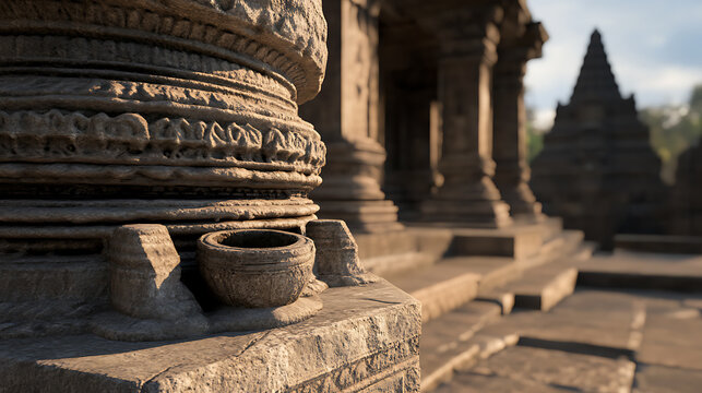 Ancient temple ruins feature stone columns with intricate carvings, creating a historical and cultural atmosphere, inviting exploration.