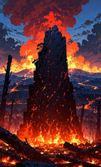 A tall, cracked rock stands in the middle of a huge fire