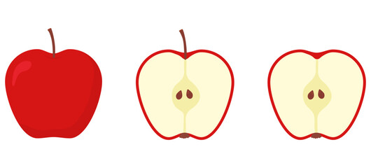 Red whole and half apples collection. Sweet cut fruits set. Vector illustration isolated on white.