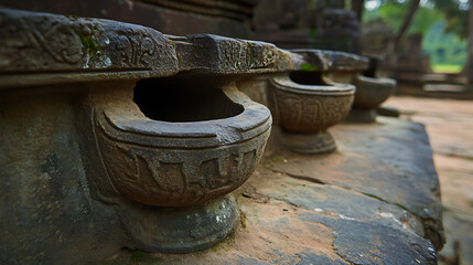 Naklejka premium Ancient stone basins, intricately carved and weathered, showcasing the detailed craftsmanship of a bygone era in a temple setting.