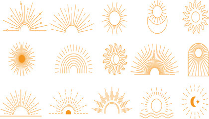 Collection of boho sun and celestial line art set. Mystical sunrise, sunset, and cosmic symbols for spiritual design. Vector graphic element illustration