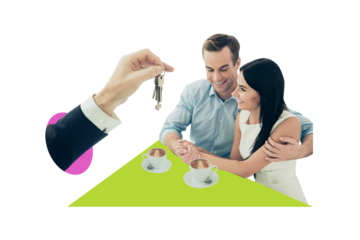 Composite trend artwork 3D sketch image photo collage of hand wrist sleeve real estate rent house keys hold give couple drink coffee smile