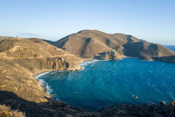 This landscape photo was taken in Europe, Greece, Peloponnese, in summer. It shows the Mani, under...