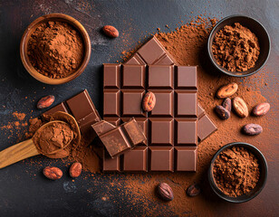 Indulge in decadent dark chocolate with cocoa powder and beans, a delicious temptation for every sweet craving and baking adventure