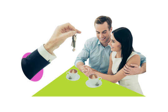 Composite trend artwork 3D sketch image photo collage of hand wrist sleeve real estate rent house keys hold give couple drink coffee smile