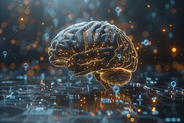 Artificial Intelligence Brain Illustration – Futuristic Neural Network Concept with Data Streams, Cognitive Processing, Machine Learning and Digital Technology Elements