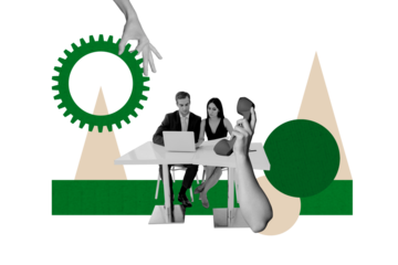 Composite trend artwork sketch image collage of business teamwork office laptop man woman sit team collaboration large hand hold cogwheel