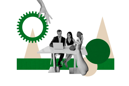 Composite trend artwork sketch image collage of business teamwork office laptop man woman sit team collaboration large hand hold cogwheel - Powered by Adobe