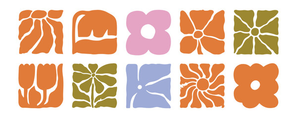Abstract Flowers in Groovy Retro Style. Modern Floral Illustration. Vector Square Botanical Icons in Freehand Naive Art for Logo, Print, Pattern, Poster, Web Design
