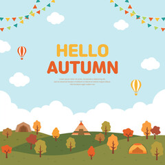 An autumn park scene featuring hot air balloons, flags of all nations, and a camping tent amidst autumn trees. An illustration perfect for seasonal events, travel, camping, and outdoor activities.