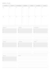 A weekly plan design template in a modern, simple, and minimalist style. Note, scheduler, diary, calendar, planner document template illustration.