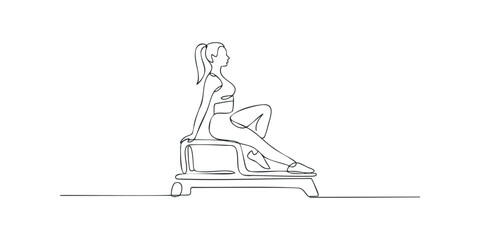 Woman exercising on step platform in continuous line style