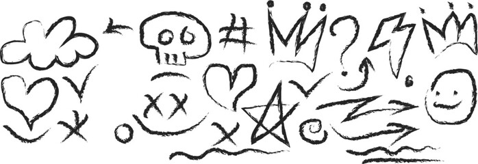 Hand drawn doodle elements collection featuring skulls hearts stars and smiley faces