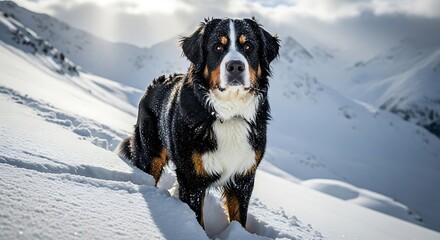 Majestic Bernese Mountain Dog stands proudly in a snowy mountain landscape on a bright winter day.
