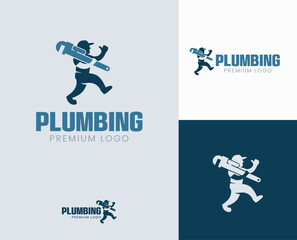 A simple plumbing logo design featuring an illustration of a plumber on the move, holding a large pipe wrench and giving a thumbs-up.