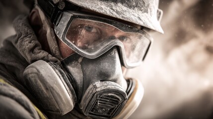 Fototapeta premium Worker Wearing Respirator Mask Surrounded by Fine Particles in Industrial Environment