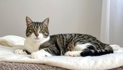 A relaxed tabby cat with white markings lounges on a soft, cream-colored blanket. The cat looks directly at the viewer with a calm expression. Natural lighting