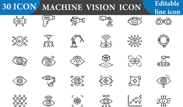 A set of machine vision icons representing artificial intelligence, robotics, and automation. Perfect for illustrating concepts related to AI and technology. 