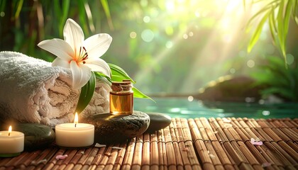 A spa scene depicts a rolled towel, white lily, essential oil, candles, and stones against a blurry water backdrop, with sunlit foliage
