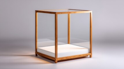 Modern wooden frame glass display case with white base on gray background.