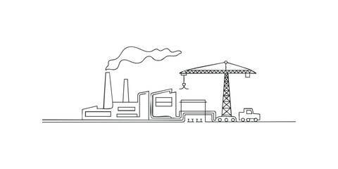 Naklejka premium Industrial factory with smoke plume and construction crane at site