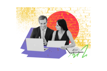 Composite photo collage of two business people girl guy project freelance discussion workplace supplies isolated on painted background