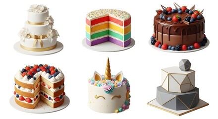AI Generated Cake Collection: Set of Six Different Desserts on Transparent Background