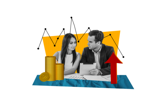 Composite photo collage of two business man girl project discussion arrow profit dollar coin tablet supplies isolated on painted background