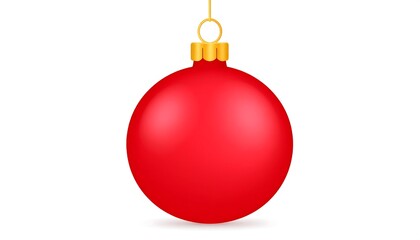 A single, glossy, red ornament hangs from a golden cap on a white background. The smooth orb reflects soft light. Simple, classic holiday imagery