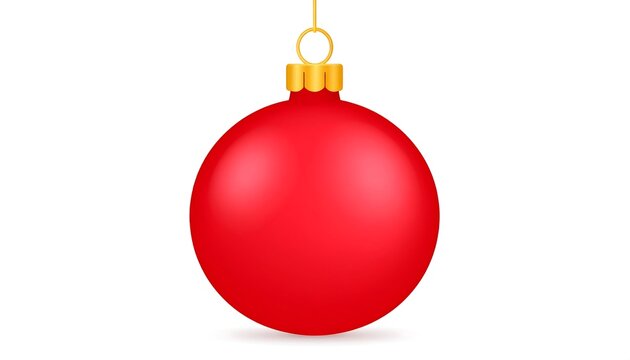 A single, glossy, red ornament hangs from a golden cap on a white background. The smooth orb reflects soft light. Simple, classic holiday imagery - Powered by Adobe