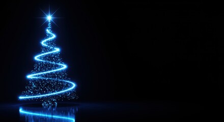 Blue Neon Christmas Tree with Star Topper on Black Background glowing light