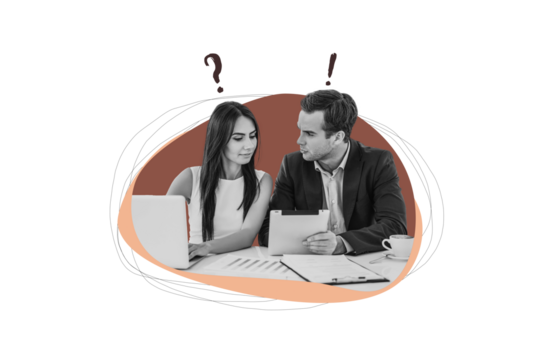 Composite creative art collage of two business girl guy project discussion office tablet laptop freelancer isolated on painted background - Powered by Adobe