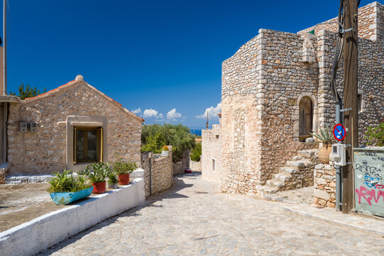 This landscape photo was taken in Europe, Greece, Peloponnese, in summer. It shows Aeropoli, under the Sun.