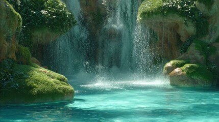 Serene waterfall cascading into crystal clear pool surrounded by lush greenery