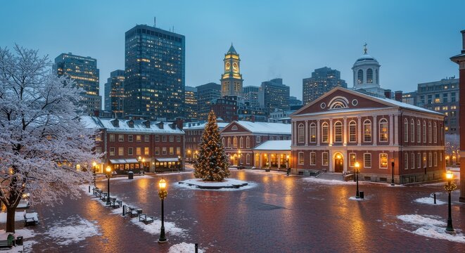 Boston's Faneuil Hall Marketplace Decorated for Christmas in Winter Snow christmas tree holiday
