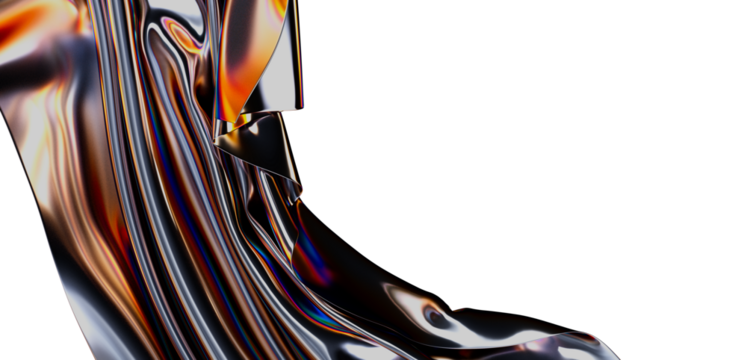 Abstract metallic fabric with colorful light reflections. Modern background with curved flowing chrome cloth and a white backdrop. Art compositi