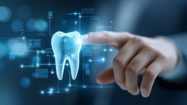 A hand interacts with a digital tooth projection, showcasing advanced dental technology. Discover how this innovation is transforming oral health care and patient treatment.