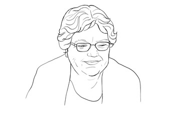 An adult woman looking down to her left. She has short, curly hair and wears glasses. She is smiling.